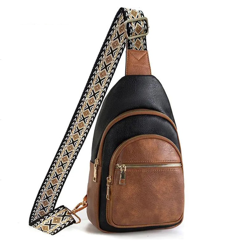 Жакардова гръдна чанта с множество отделения, унисекс, PU материал, пролет 2025, цип, полиестерна подплата, джоб за телефон и идентификационна карта