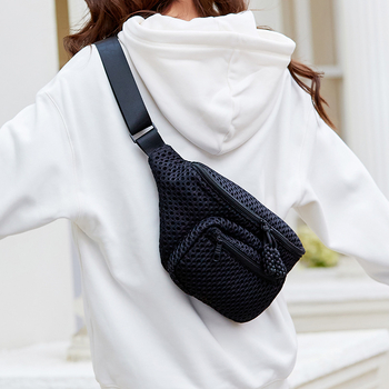 Γυναικεία τσάντα μέσης με πλέγμα - Ελαφριά και συμπαγής, crossbody με διπλό φερμουάρ, Εξωτερικό: νάιλον, Εσωτερικό: επένδυση πολυεστέρα, Κλείσιμο με φερμουάρ, Εσωτερικά: μυστικό τσέπη και θήκη για κινητό, Εξωτερικός σχεδιασμός: τρισδιάστατος, Αστικό στυλ, 