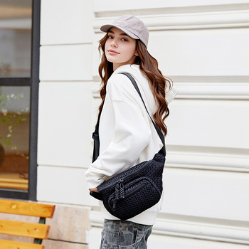 Γυναικεία τσάντα μέσης με πλέγμα - Ελαφριά και συμπαγής, crossbody με διπλό φερμουάρ, Εξωτερικό: νάιλον, Εσωτερικό: επένδυση πολυεστέρα, Κλείσιμο με φερμουάρ, Εσωτερικά: μυστικό τσέπη και θήκη για κινητό, Εξωτερικός σχεδιασμός: τρισδιάστατος, Αστικό στυλ, 