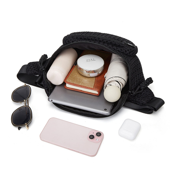 Γυναικεία τσάντα μέσης με πλέγμα - Ελαφριά και συμπαγής, crossbody με διπλό φερμουάρ, Εξωτερικό: νάιλον, Εσωτερικό: επένδυση πολυεστέρα, Κλείσιμο με φερμουάρ, Εσωτερικά: μυστικό τσέπη και θήκη για κινητό, Εξωτερικός σχεδιασμός: τρισδιάστατος, Αστικό στυλ, 