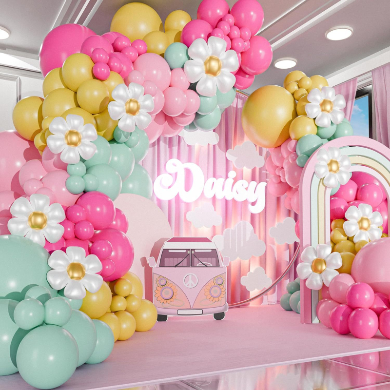 Daisy balionų arkos rinkinys, lateksiniai apvalūs balionai, 103 vnt.