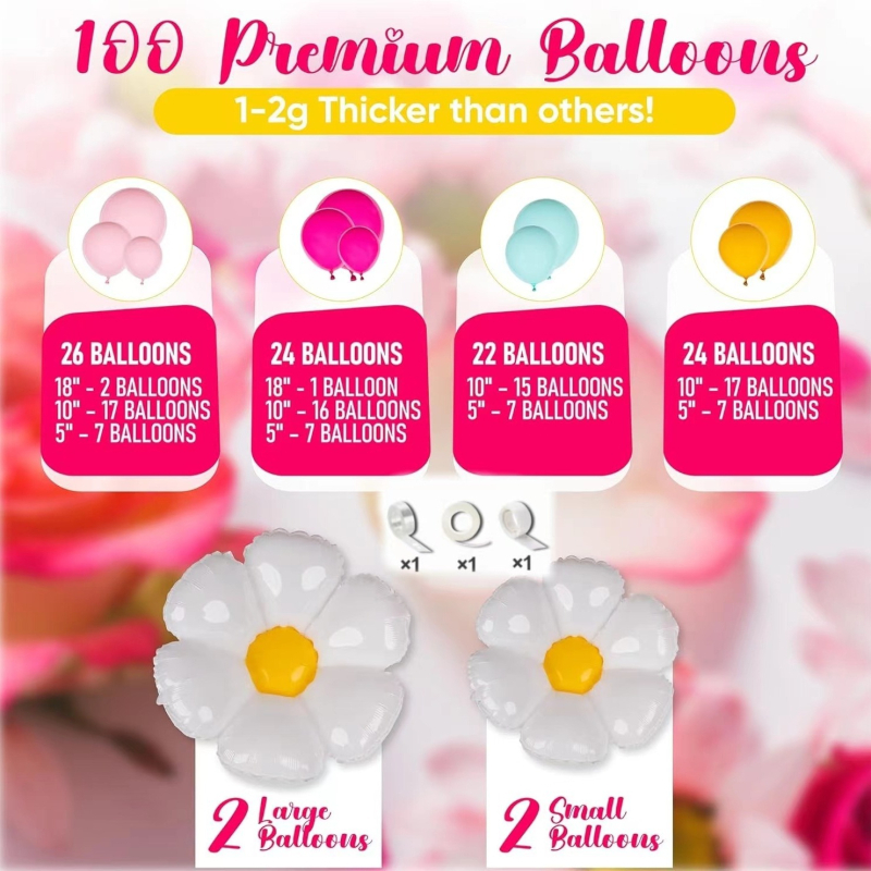 Daisy balionų arkos rinkinys, lateksiniai apvalūs balionai, 103 vnt.