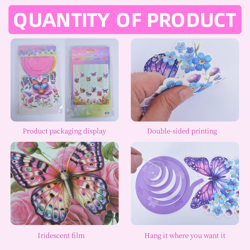 Декорация за събития: спирални висящи декорации с тема пеперуди и цветя, стил карикатура, включва 12 хартиени карти и въже