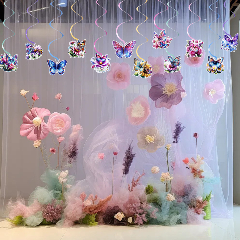 Декорация за събития: спирални висящи декорации с тема пеперуди и цветя, стил карикатура, включва 12 хартиени карти и въже