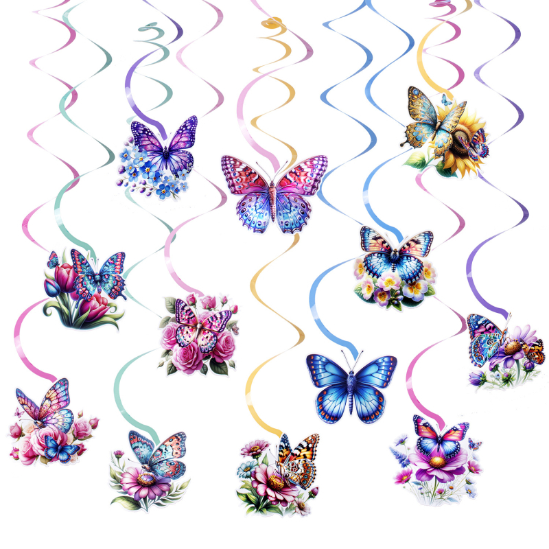 Декорация за събития: спирални висящи декорации с тема пеперуди и цветя, стил карикатура, включва 12 хартиени карти и въже