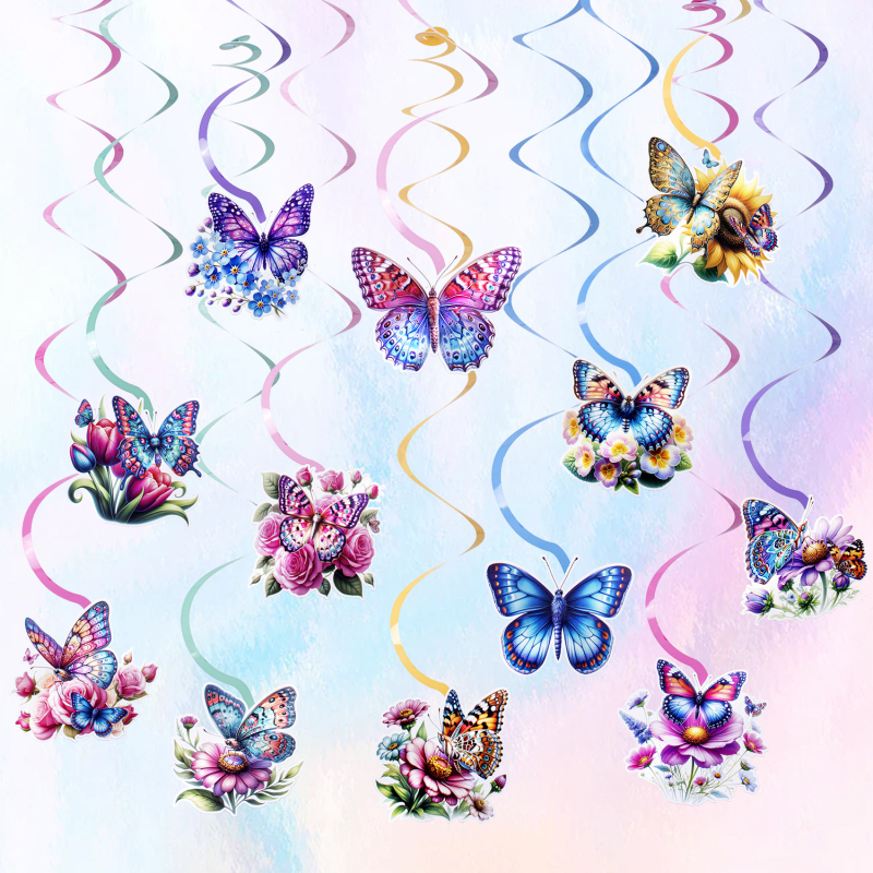 Декорация за събития: спирални висящи декорации с тема пеперуди и цветя, стил карикатура, включва 12 хартиени карти и въже