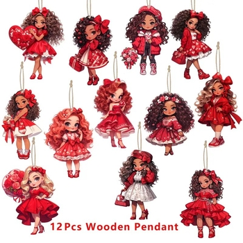 12 τεμάχια ξύλινα κρεμαστά με μοτίβο κοριτσιού, για τη Γιορτή του Αγίου Βαλεντίνου, αμερικανικού στυλ