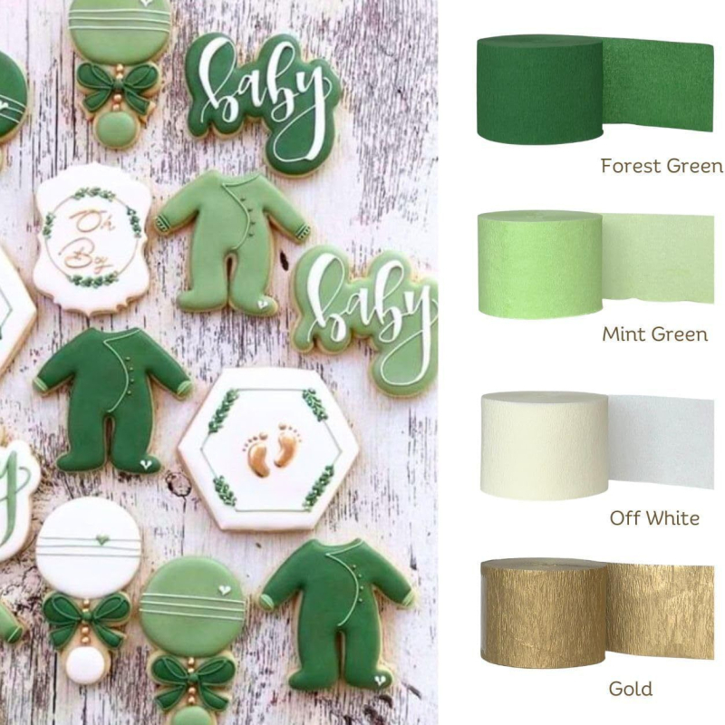 6 rulonėlių krepp popieriaus girliandoms – avokado žalios spalvos vakarėlių dekorams