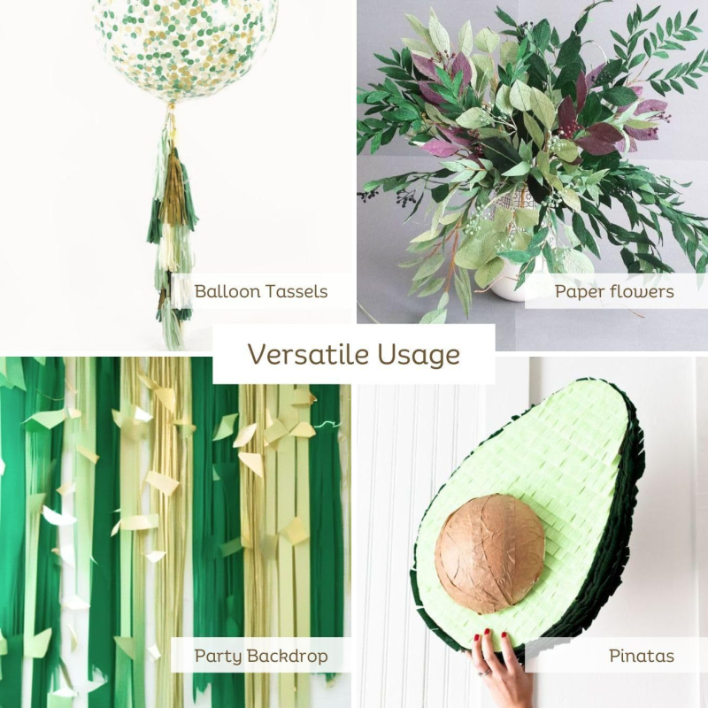 6 rulonėlių krepp popieriaus girliandoms – avokado žalios spalvos vakarėlių dekorams