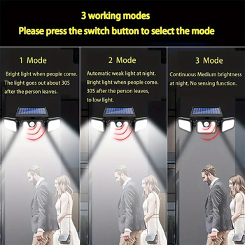 Háromoldalas napeneres falikar, forgatható, intelligens mozgásérzékelős világítás, vízálló kerti lámpa | IP45 • LED • 3W • 3,7V • 6–12 óra