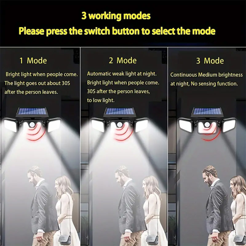 Háromoldalas napeneres falikar, forgatható, intelligens mozgásérzékelős világítás, vízálló kerti lámpa | IP45 • LED • 3W • 3,7V • 6–12 óra