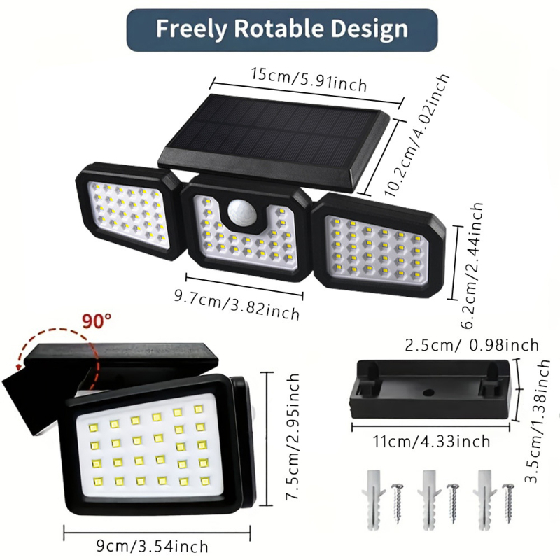 Háromoldalas napeneres falikar, forgatható, intelligens mozgásérzékelős világítás, vízálló kerti lámpa | IP45 • LED • 3W • 3,7V • 6–12 óra