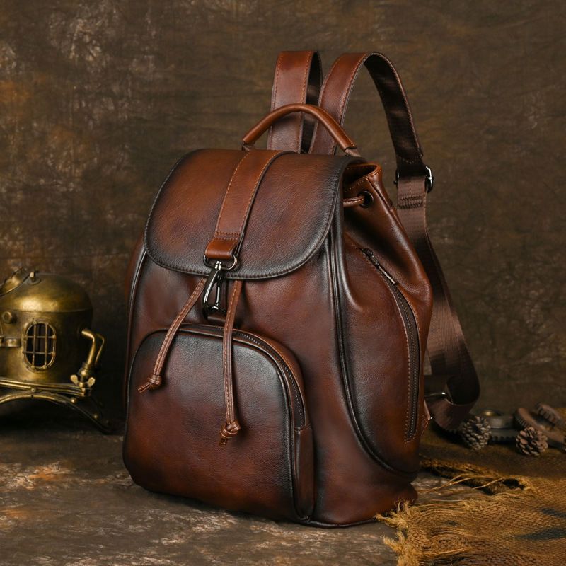 Rucsac unisex din piele naturală, piele de primă calitate, stil retro, 20–35 L, încap laptop de 10 inch, bretele de umăr curbate, căptușeală poliester-cotton