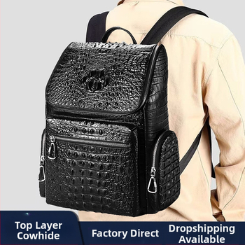 Uniszex valódi bőrből készült laptop hátizsák, 20–35L kapacitás, kompatibil 15 hüvelykes laptophoz, ívelt vállpánt, üzleti utazási stílus