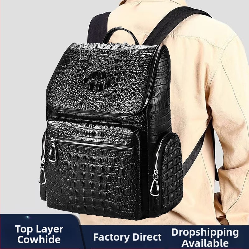 Uniszex valódi bőrből készült laptop hátizsák, 20–35L kapacitás, kompatibil 15 hüvelykes laptophoz, ívelt vállpánt, üzleti utazási stílus