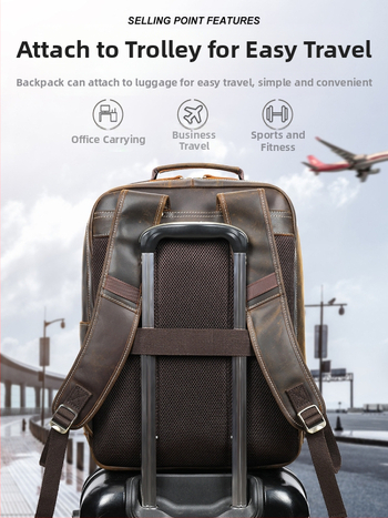 Férfi retro bőrtáska hátizsák – első réteg tehénbőrből, kapacitás alatt 20 L, 16 hüvelykes laptophoz, légpárnás vállpántok