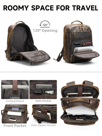 Férfi retro bőrtáska hátizsák – első réteg tehénbőrből, kapacitás alatt 20 L, 16 hüvelykes laptophoz, légpárnás vállpántok