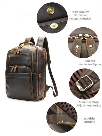 Férfi retro bőrtáska hátizsák – első réteg tehénbőrből, kapacitás alatt 20 L, 16 hüvelykes laptophoz, légpárnás vállpántok