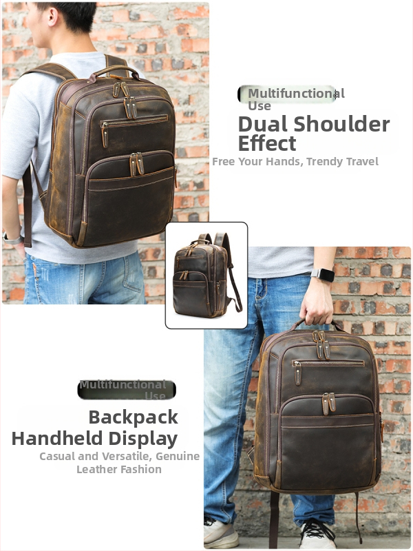 Férfi retro bőrtáska hátizsák – első réteg tehénbőrből, kapacitás alatt 20 L, 16 hüvelykes laptophoz, légpárnás vállpántok