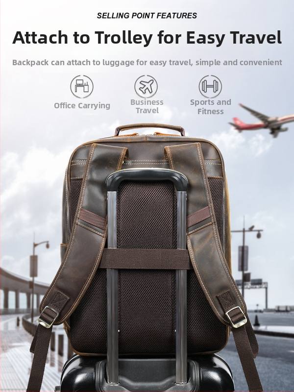 Férfi retro bőrtáska hátizsák – első réteg tehénbőrből, kapacitás alatt 20 L, 16 hüvelykes laptophoz, légpárnás vállpántok