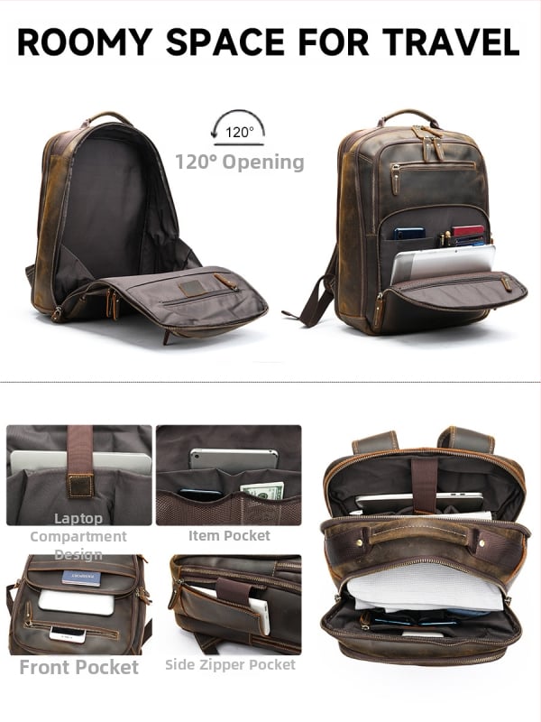 Férfi retro bőrtáska hátizsák – első réteg tehénbőrből, kapacitás alatt 20 L, 16 hüvelykes laptophoz, légpárnás vállpántok