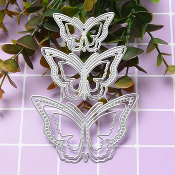 Scrapbook vágó forma, szénacél, maratás, vágás és relief, három pillangó motívummal