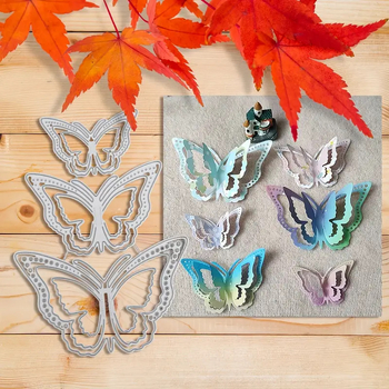 Scrapbook vágó forma, szénacél, maratás, vágás és relief, három pillangó motívummal