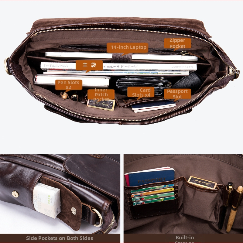 Мъжка бизнес чанта през рамо — кожа от първи слой, хоризонтална квадратна форма, ципово затваряне, вътрешни джобове (цип, джоб за телефон, джоб за ID), Maddie модел 8942, водоустойчива