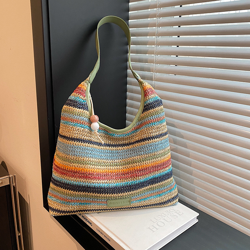 Geantă bucket din paie, închidere cu șnur, exterior tridimensional, căptușeală din poliester — Vara 2025