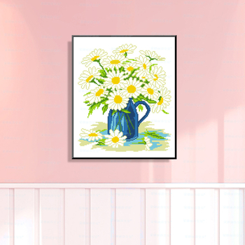 Комплект за кръстат бод: флорален мотив с цветя и листа, памучен плат 11CT, кръстат бод, модерен минималистичен стил