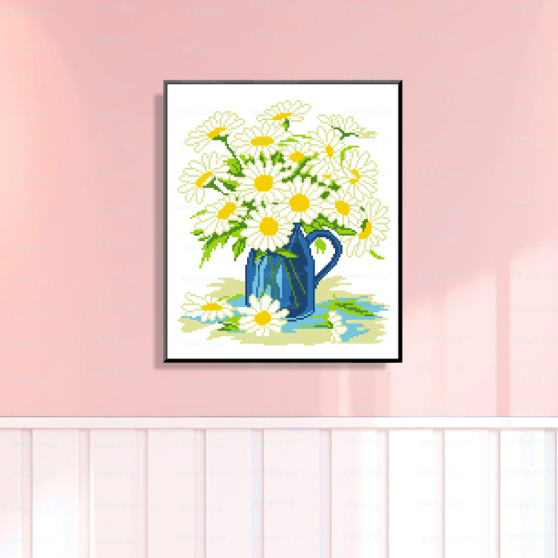 Комплект за кръстат бод: флорален мотив с цветя и листа, памучен плат 11CT, кръстат бод, модерен минималистичен стил