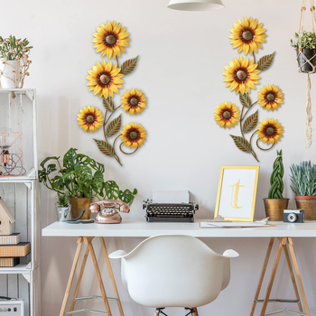 Декорация за стена: лятно слънчогледово оформление с 3D метални цветя за външна градина и ограда (Материал: Желязо; Стил: Пасторален; Процес: печат, други)