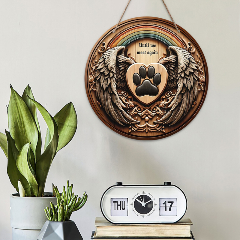 Винтидж дървен табел за домашни любимци – стенен декор с криле, отпечатък на лапа, кръгло лого и входна табелка за врата