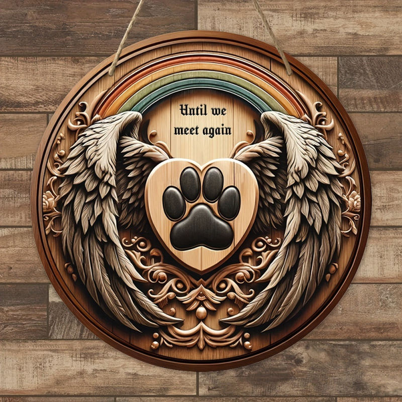 Винтидж дървен табел за домашни любимци – стенен декор с криле, отпечатък на лапа, кръгло лого и входна табелка за врата