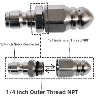 Дюза за отпушване на канализационни тръби, неръждаема стомана, високо налягане, 1/4 бърз монтаж, шест отвора отпред и отзад, 5000 psi