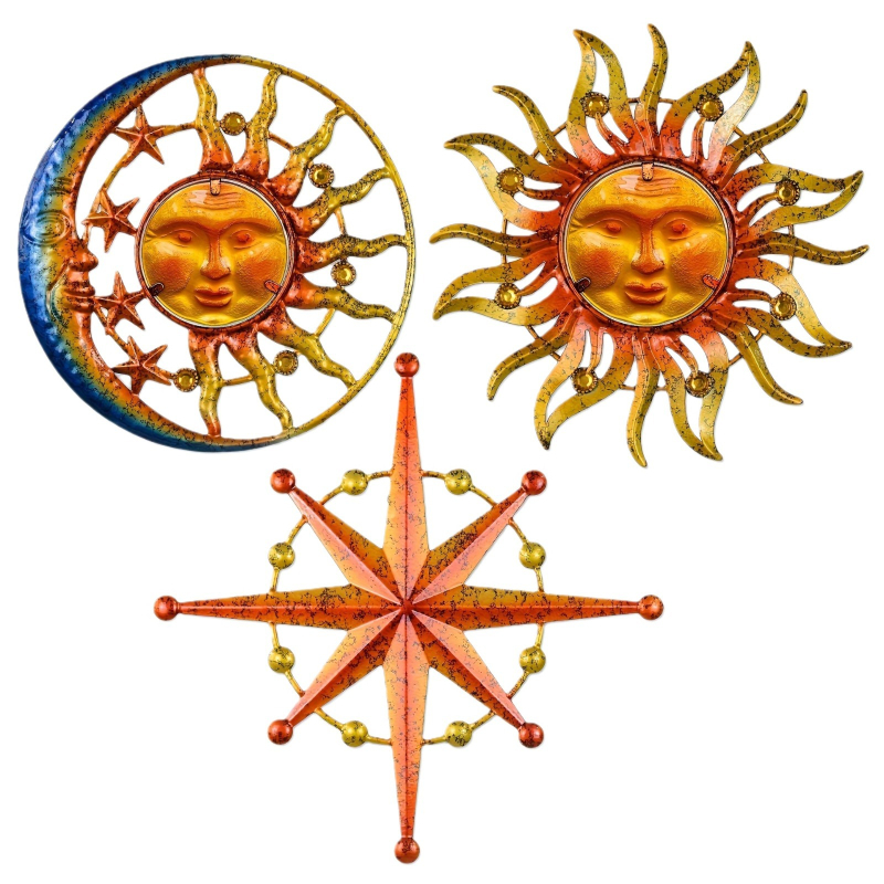 Железен стенен декор Sun Face, тричленен комплект за окачване