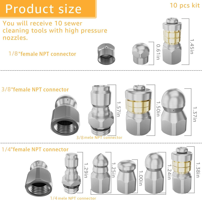 STM 10-частен комплект дюзи за високо налягане от неръждаема стомана за автомивка и почистване на канализация и дренажни тръби, тегло 400 g