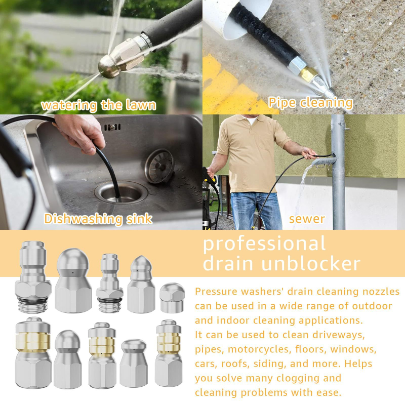 STM 10-частен комплект дюзи за високо налягане от неръждаема стомана за автомивка и почистване на канализация и дренажни тръби, тегло 400 g