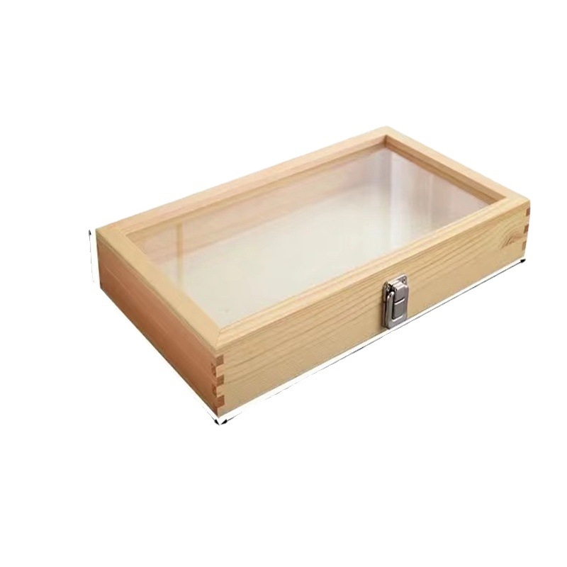 Stačiakampė akrilo-drevo papuošalų dėžutė su užraktu, skaidriu dangčiu ir mortise-tenon jungtimi, skirta dovanoms