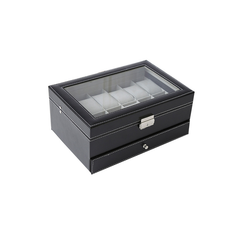 Dviejų aukštų juvelyrinių dėžučių su 12 skyrių laikrodžiams ir papuošalams, iš kompozicinės medžiagos, ekspozicijos ir saugojimo dėžutė