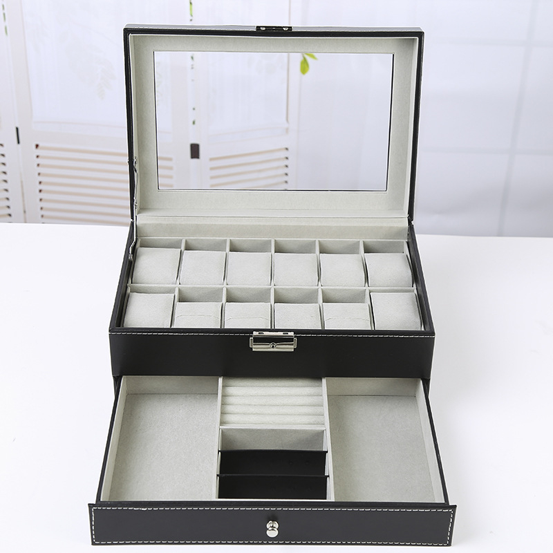 Dviejų aukštų juvelyrinių dėžučių su 12 skyrių laikrodžiams ir papuošalams, iš kompozicinės medžiagos, ekspozicijos ir saugojimo dėžutė