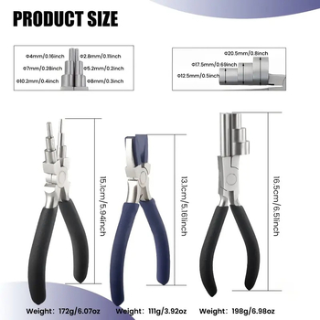 Juvelyrinių įrankių trilypių komplektas: apvalių galiukų replės, vielos vyniojimo įrankis, atsparus korozijai, šešių padėčių žandikaulių komplektas