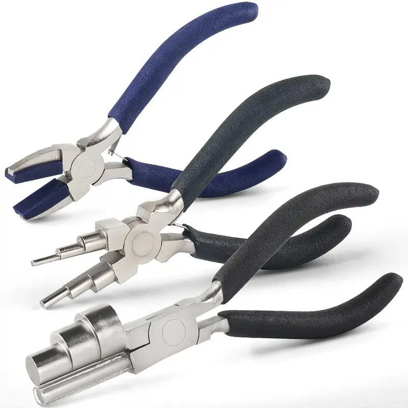 Juvelyrinių įrankių trilypių komplektas: apvalių galiukų replės, vielos vyniojimo įrankis, atsparus korozijai, šešių padėčių žandikaulių komplektas