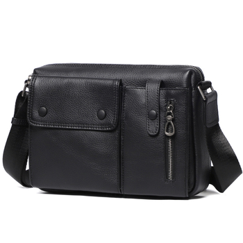 Мъжка кожена кръстосана чанта през рамо, естествена кожа, горен слой телешка кожа, с разширяваща функция, едноцветна, подплата полиестер