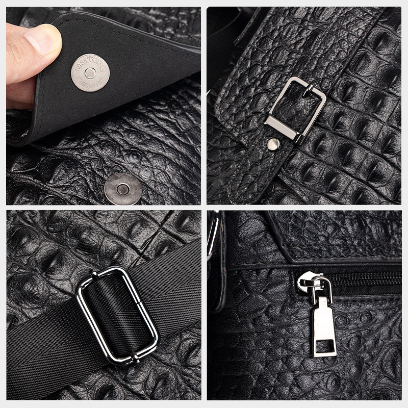 Férfi válltáska bőrből, krokodil mintázat, felső rétegű bőr, varrott kivitelezés, poliészter bélés