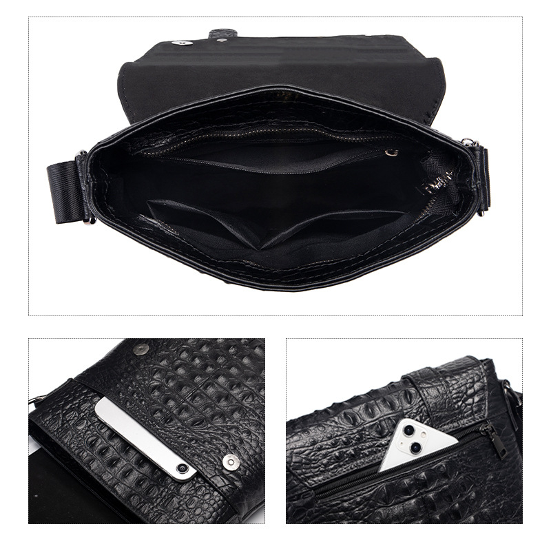 Férfi válltáska bőrből, krokodil mintázat, felső rétegű bőr, varrott kivitelezés, poliészter bélés