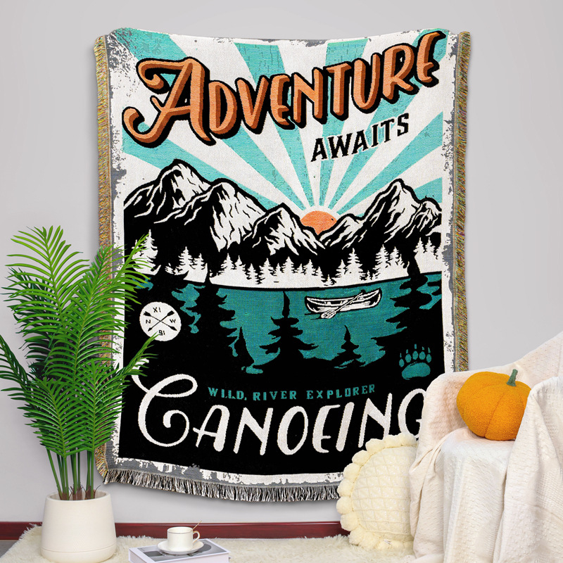 Medvilninis pledas sofai su kutais yra džakardo raštu, 800-999 g, peizažo raštas, šiuolaikiškas paprastas stilius, tinkamas visoms metų laikams