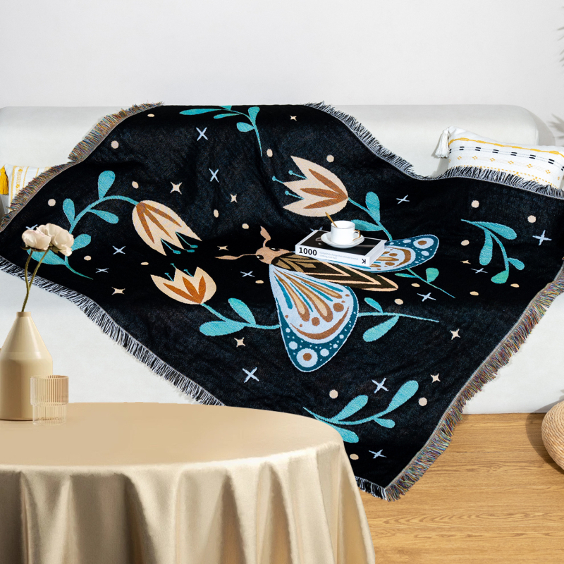 Bohemiško stiliaus gobeleno džakardo pledas svetainei, poliesterio-pamuko mišinys, 800–999 g, gėlių raštas, pritaikymas, tinkamas visoms sezono laikams