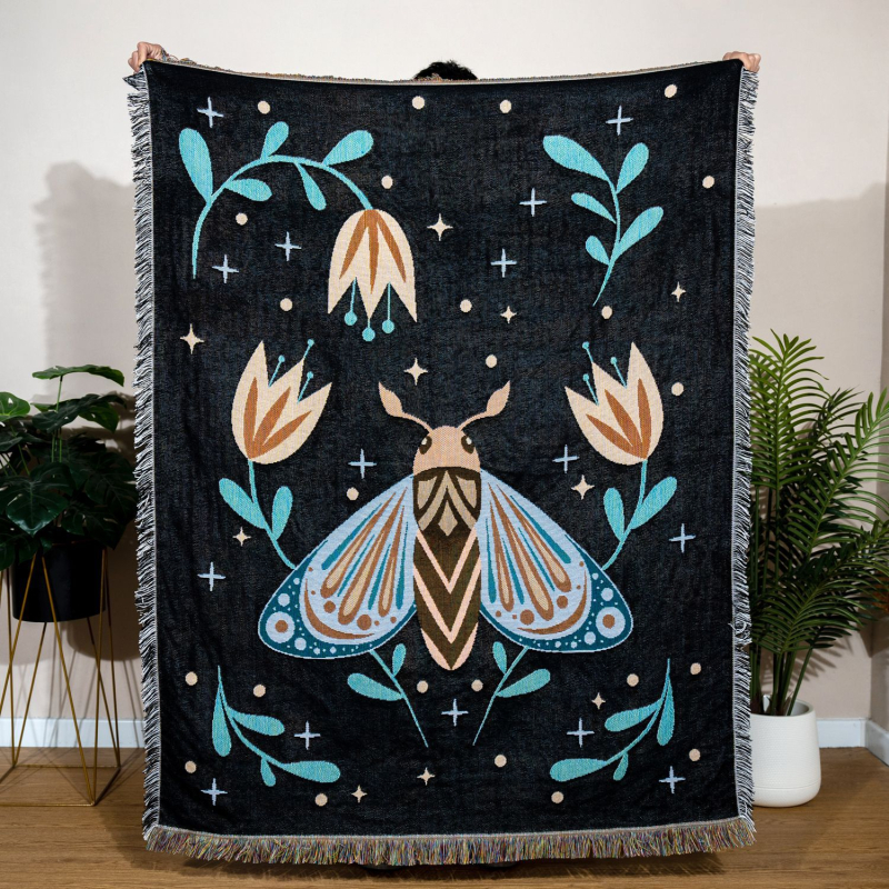 Bohemiško stiliaus gobeleno džakardo pledas svetainei, poliesterio-pamuko mišinys, 800–999 g, gėlių raštas, pritaikymas, tinkamas visoms sezono laikams