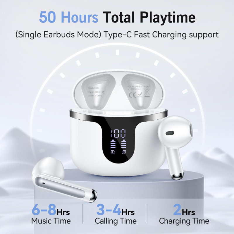 Bežične Bluetooth in-ear slušalice — reprodukcija glazbe, doseg 10 m, vodootporne, Bluetooth 5.0, trajanje baterije preko 8 sati (Bluetooth 5.0, doseg 10 m, vodootporne, reprodukcija glazbe, 8+ h)